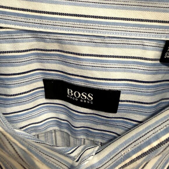 HUGO BOSS Dress Shirt Men’s 17.5 34/35 XL Blue Black Striped Quiet Luxury Modern - Picture 4 of 7